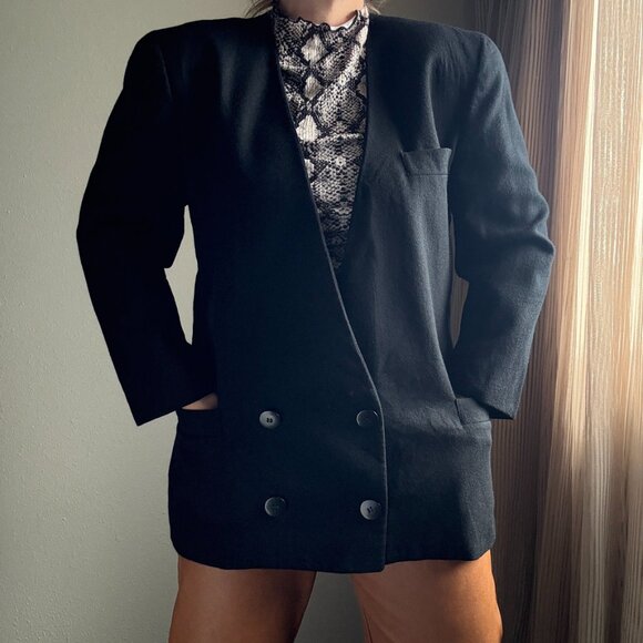 Vintage 80s Christian Dior The Suit Black Wool Double Breasted Blazer | L/XL - Picture 3 of 13